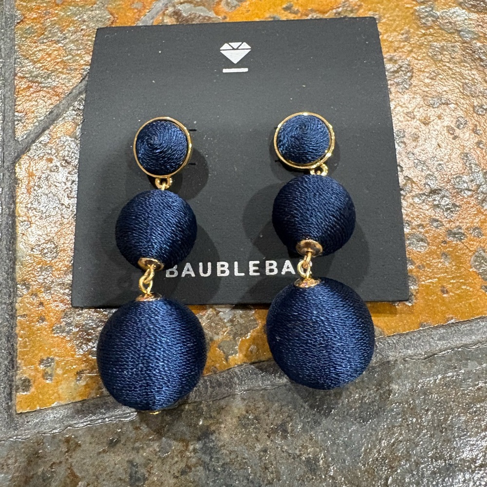 BaubleBar Navy Blue Ball Drop Earrings Gold Tone NWOT Statement